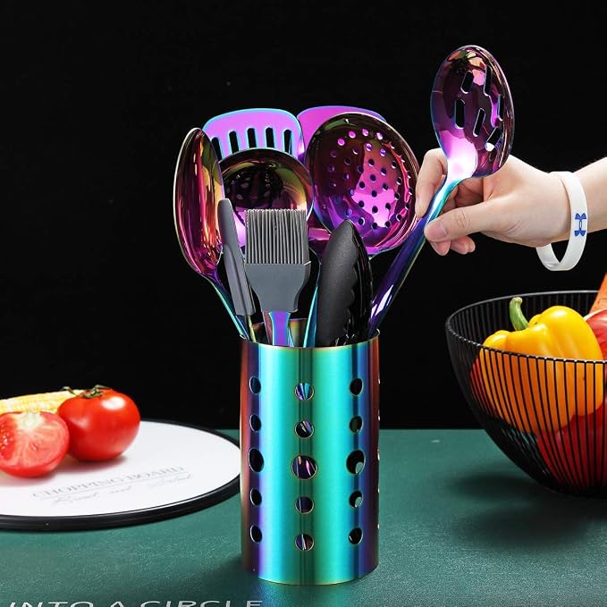 Rainbow Kitchen Utensils Set,13 Pieces Stainless Steel Cooking Utensils Set With Titanium Rainbow Plating,Kitchen Tools Set With Utensil Holder For Non-Stick Cookware Dishwasher Safe (13 Packs) - Image 3