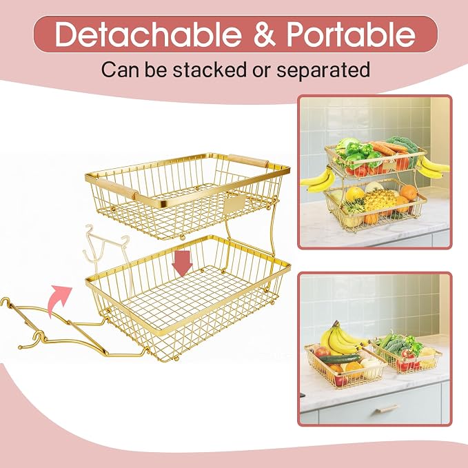 Fruit Basket Bowl 2 Tier Detachable with 2 Banana Hangers, Fruit Stand Holder for Kitchen Countertop, Metal Wire Vegetable Storage Organizer, for Bread Snack Veggies Produce,Gold - Image 4
