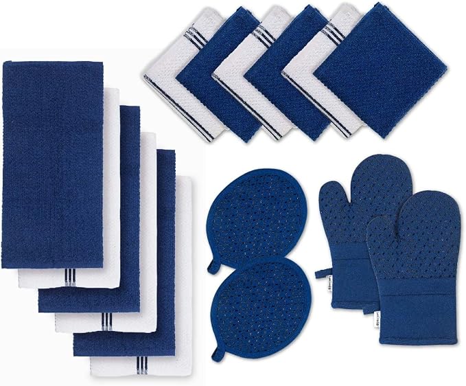 LANE LINEN Tea Towels - 16 Pc Set with Silicone Oven Mitts and Pot Holders, Cotton Kitchen Towels, Absorbent Dish and Hand Towels - Indigo by LaneLinen