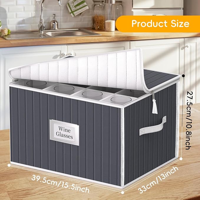 Wine Glass Storage Box, Glassware Storage Containers w/Hard Shell Side Bottom Support & Padded Dividers, Stackable Stemware Storage Case for 24 China Crystal Glasses Drinkware, Moving Supplies - Image 2