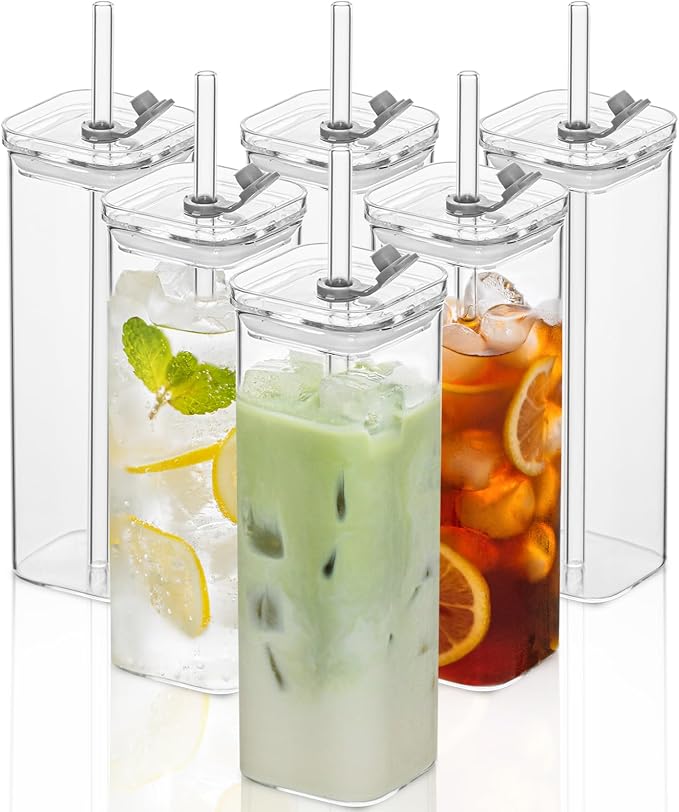 6 Sets Square Drinking Glass Cups, Old Fashioned Glasses, 17 Oz Square Glasses, Clear Highball Modern Glassware Tumbler Mixed Drinkware with Straws for Cocktail Coffee Juice Beer (Square-6PCS) by KEMORELA