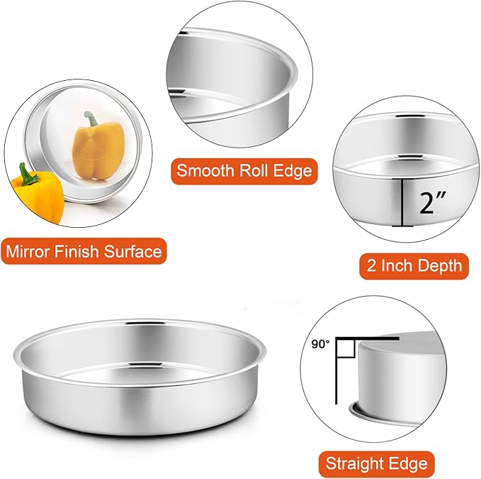 P&P CHEF 9.5 Inch Cake Pan Set of 4, Stainless Steel Round Cake Pans Tins | Baking Round Cake Bakeware for Birthday Wedding, Leak-proof & Mirror Finish & Easy Releasing, Dishwasher Safe - Image 2