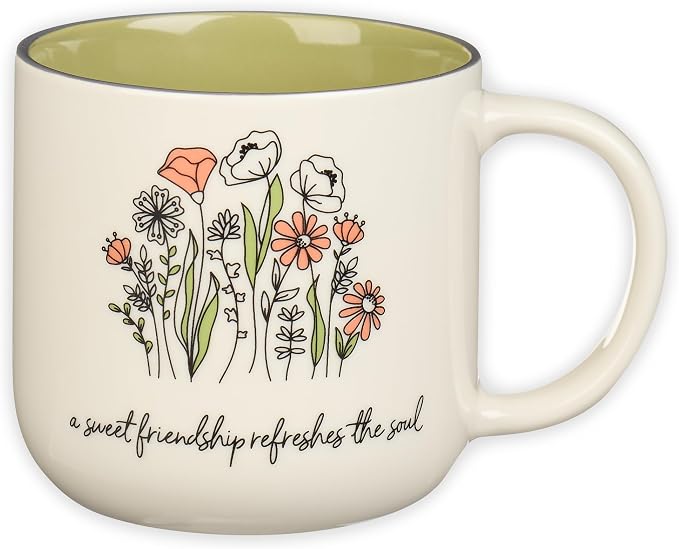 Christian Art Gifts Large Ceramic Coffee & Tea Mug for Women & Friends: Sweet Friendship - Proverbs 27:9 Scripture, Cute Microwave/Dishwasher Safe Floral Cup, Sage Green/White, 15 oz. by ChristianArtGifts