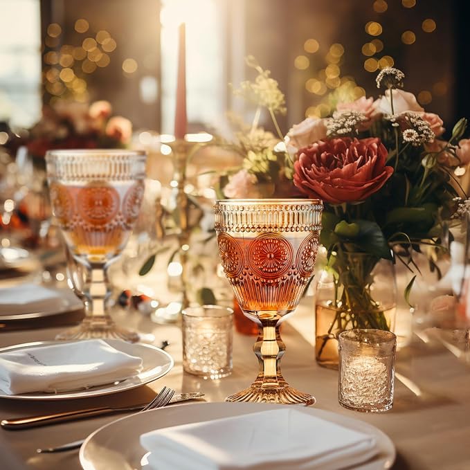 12 Pcs Vintage Wine Glasses, 10 Oz Colored Glass Water Goblets, Unique Flower Embossed Pattern High Clear Stemmed Glassware Wedding Party Bar Glass Drinking Cups Flower Amber Fancy Glasses Set of 12 - Image 3