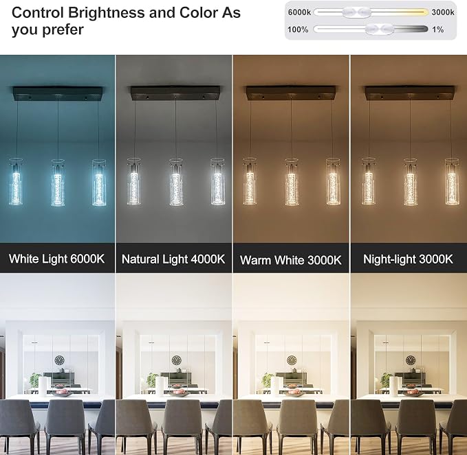 Pendant Lights Kitchen Island with Remote Control, Dimmable Brushed Nickel & Clear Cylinder, Adjustable Height Kitchen Pendant Lights, Island Lights for Kitchen, Modern Lighting Fixture - Image 2