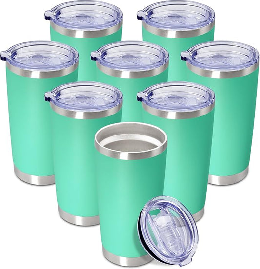 20oz Tumbler Insulated Coffee Tumblers with Lid StainlessSteel LightBlue 8P | 20 oz Tumblers Double Wall Insulated Vacuum 20oz Coffee Mug Leak Proof Tumblers with Lid Powder Coated - Light Blue 8 Pack by AEPDTD
