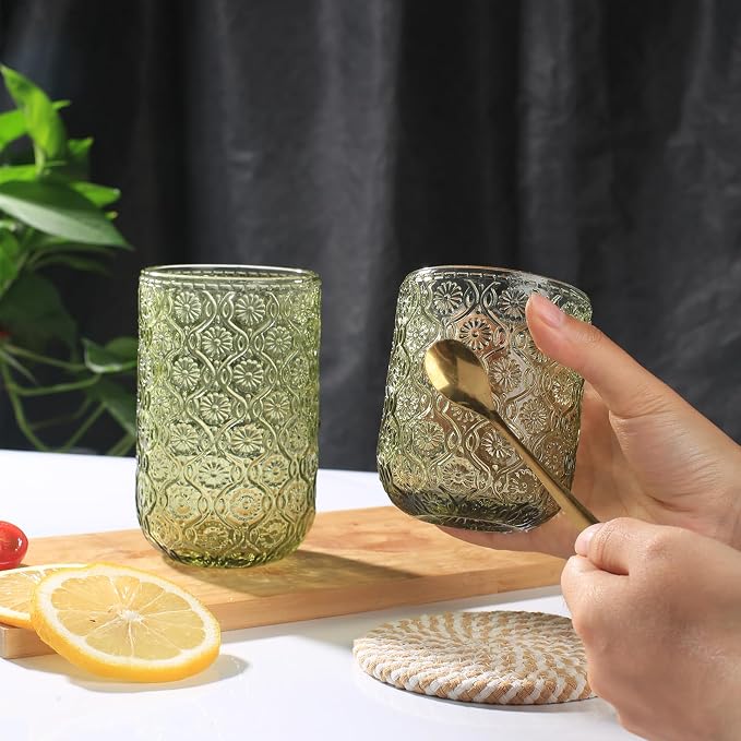 Set of 8 Vintage Embossed Glassware,4 Highball Glasses 14oz & 4 Rocks Drinking Glasses 9oz, Art Deco, for Wine, Water, Cocktail, Juice, Whiskey, Gift (Green) - Image 3