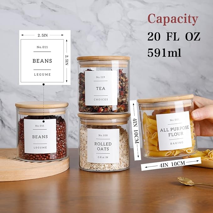 20 OZ Glass Food Storage Jars with 132 Pantry Labels Preprinted - 6 Pcs Thicken Glass Storage Containers with Airtight Bamboo Lid - Clear Kitchen Canister for Spice, Tea, Coffee, Sugar, Cookie, Candy - Image 4