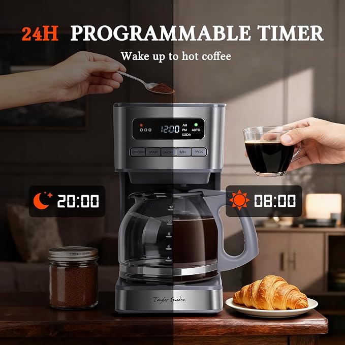 Taylor Swoden Iced Coffee maker 12 Cup, Gray & Stainless Steel | Programmable Coffee Maker, 4 Brew Strength, 24H Timer, Keep Warm&Auto Shutoff- Drip Coffee Machine for Home/Office, - Image 2