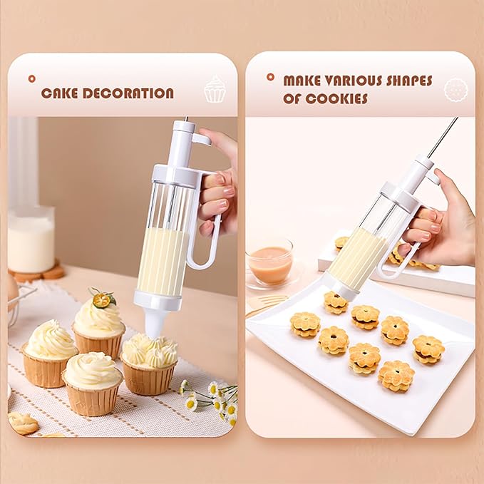 Cake Decorating Syringe Set, Cookie Press Maker Discuits Mold Icing Frosting Piping Cupcake Filling Injector with 6 Funnel Icing Nozzles, 12 Cookie Decorating Kit for Cake Cookies Decoration