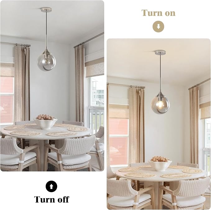 KCO Lighting 7.1” Smoked Glass Pendant Light Single Pendant Light Brushed Nickel Dining Room Light Fixtures Globe Hanging Light Fixture - Image 4