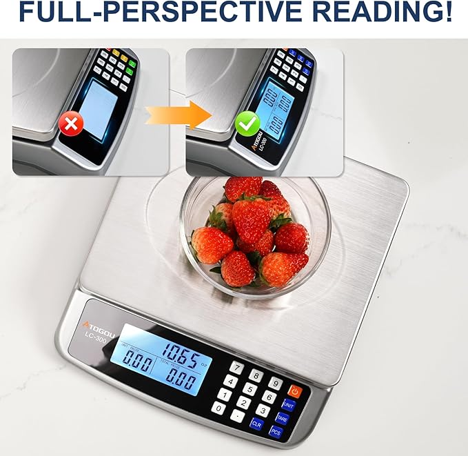 Atogou 110lb Food Scale, Commercial Kitchen Scale with Price Computing, Plug-in Usable, 0.05oz/1g, 304 Stainless Steel, for Cooking, Vegetables, Farm, Industry, Counting. LC300 Grey