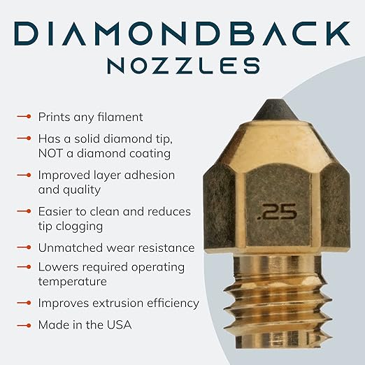 Diamondback Nozzles – MK8 Compatible – Polycrystalline Solid Diamond Tip 3D Printer Nozzles, Improved Extrusion, Any Filament, Long Life, Wear Resistant, Layer Adhesion, USA Made (0.25mm)