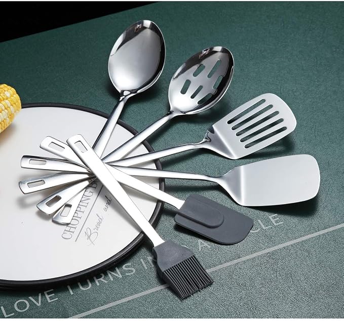 Cooking Spoon, Berglander 6 Pieces Spatula Set Stainless Steel, Metal Spatula, Serving Spoon, Kitchen Tools Set Non-Stick And Heat Resistant, Dishwasher Safe, Easy to Clean (6 Packs) - Image 4