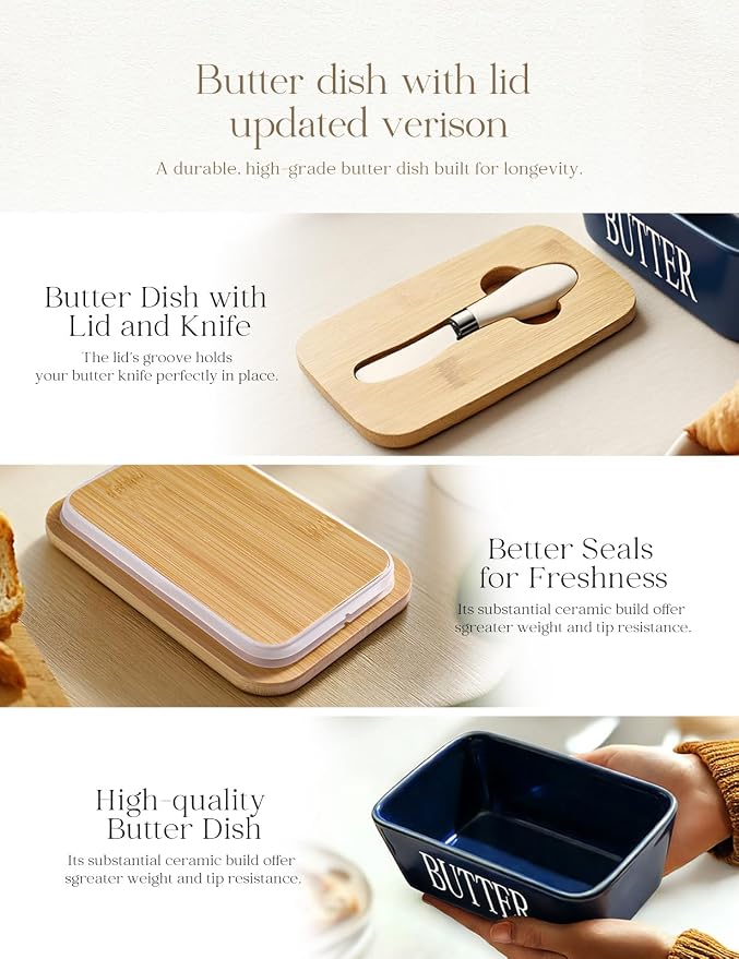 Ceramic Butter Dish with Lid and Knife & Silicone Seal for Countertop Blue | Suitable Capacity, Great Sealing, Home Decor Kitchen Gift Housewarming Gift - Image 4