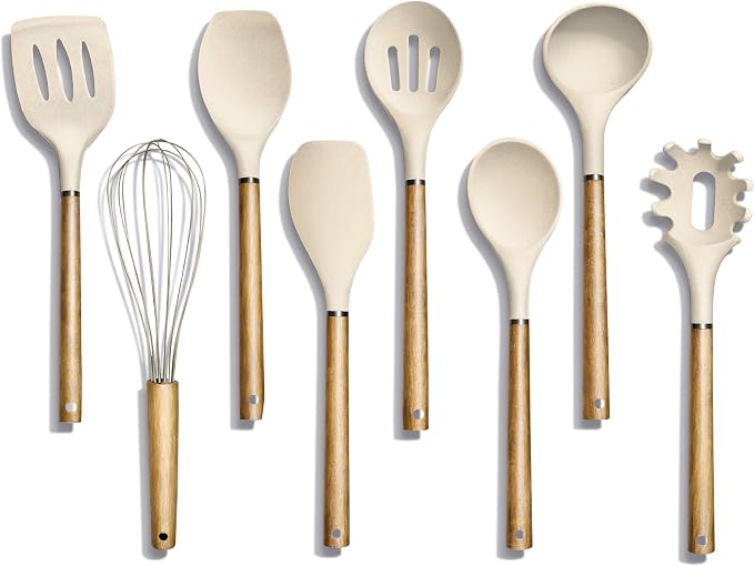 Country Kitchen Non Stick Silicone Utensil Set with Rounded Wood Handles for Cooking and Baking, 8 Piece Set, Khaki by CountryKitchen