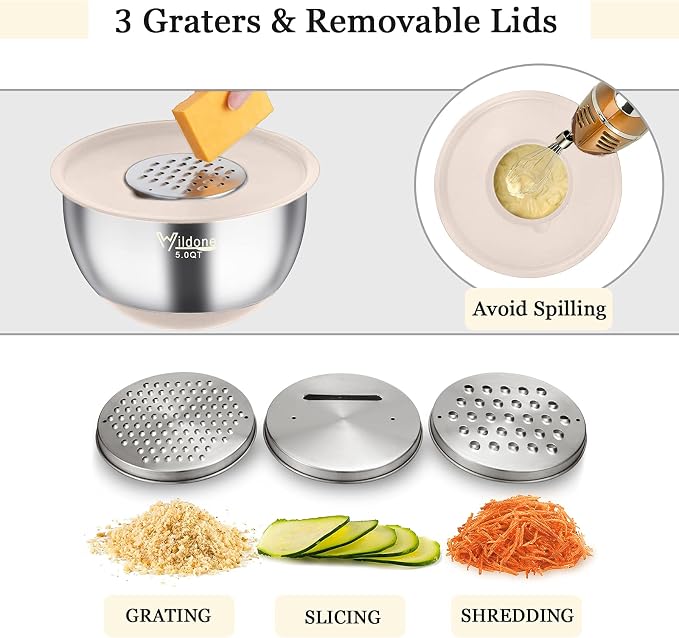 Wildone Mixing Bowls with Airtight Lids, Stainless Steel Mixing Bowls Set | Metal Bowls with 3 Grater Attachments & Non-Slip Bottoms, Size 5, 4, 3, 2,1.5, 0.63QT, Includes Utensil Set for Prep, Khaki - Image 3