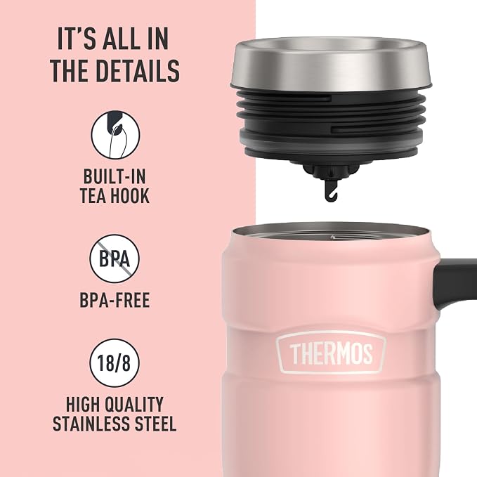 THERMOS Stainless King Vacuum-Insulated Travel Mug with Handle - 16oz, Matte Pink Tumbler for Hot & Cold Drinks - Leak & Sweat-Proof Stainless Steel Coffee Mug with Lid for Commuting - Image 4