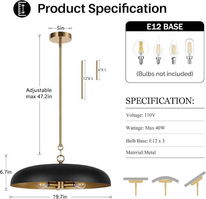 LamQee 20 Inch Oversized Large Pendant Lights, 3-Lights Black and Gold Modern Dome Chandelier, Industrial Metal Pendant Lighting Fixture Ceiling Hanging for Kitchen Island, Dining Room Over Table, Bar - Image 6