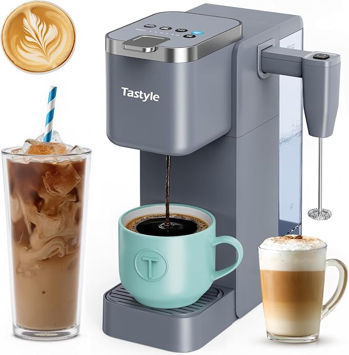Tastyle Single Serve Coffee Maker with Built-in Detachable Milk Frother | For K Cups & Grounds, 40oz Removable Water Tank, 6 Brew Sizes, 2 Drip Trays, BPA Free, Fits 7.3" Travel Mug, K330MF, Gray by Tastyle