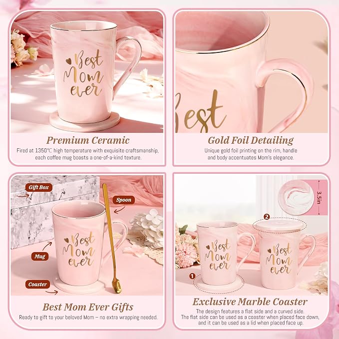 YHRJWN Birthday Gifts for Mom, Best Mom Ever Coffee Mug, Mom Mothers Day Gifts from Daughter Son, Moms Gift Idea for Birthday, Valentines Day, Present for Moms Mothers, 14 Oz Pink - Image 5