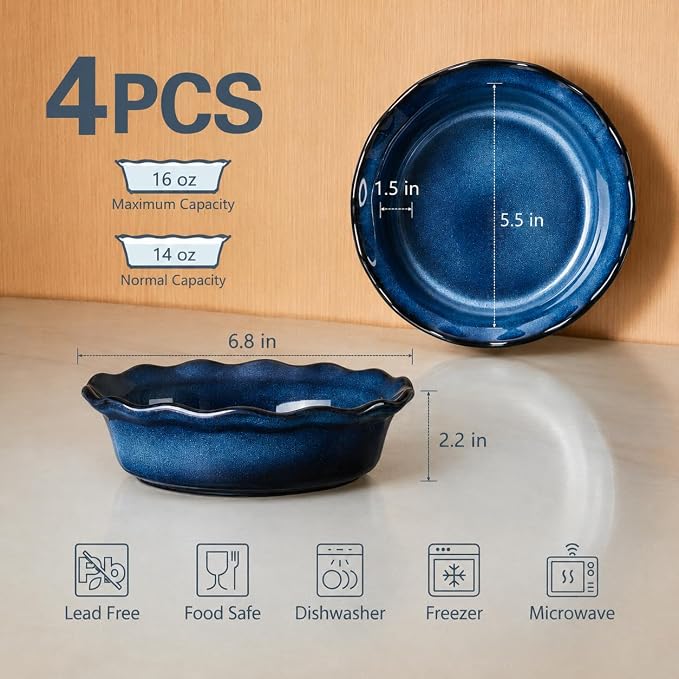 ONEMORE 6 Inch Ceramic Mini Pie Pans Set of 4, Deep Dish Pie Plates with Fluted Edges, Blue Gradient Small Baking Dishes for Pot Pies, Quiche, Tarts and Individual Desserts, Oven Safe - Image 4