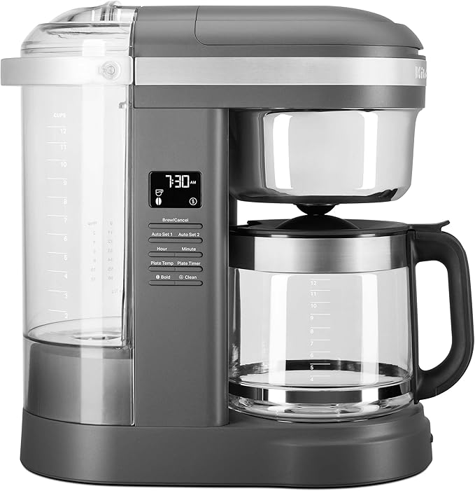 KitchenAid 12 Cup Drip Coffee Maker, Spiral Showerhead and Warming Plate | Programmable Warming Plate, Even Saturation for Rich Flavor, Removable Water Tank, Model KCM1209, Matte Grey - Image 3