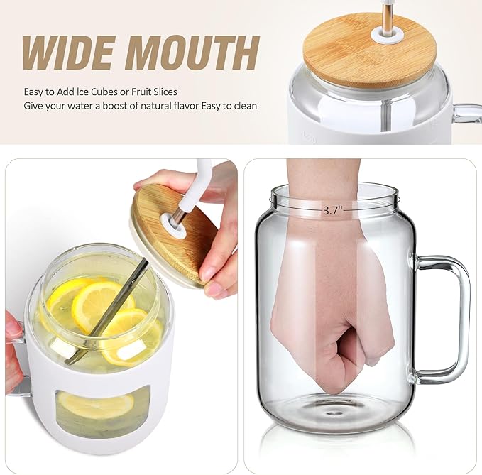 50 oz Glass Water Bottles with Silicone Sleeve,Glass Tumbler with Lid and Straw,Iced Coffee Cup with Handle,BPA Free-White