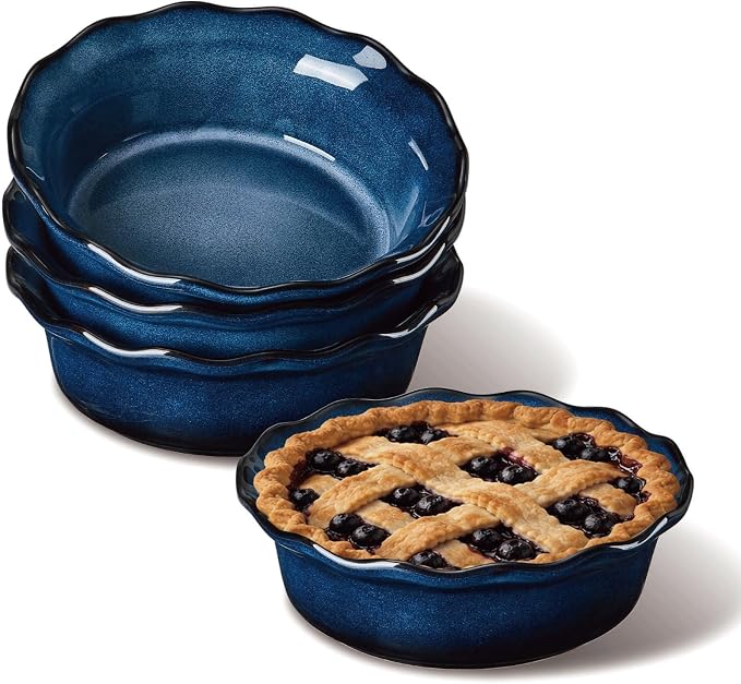 ONEMORE 6 Inch Ceramic Mini Pie Pans Set of 4, Deep Dish Pie Plates with Fluted Edges, Blue Gradient Small Baking Dishes for Pot Pies, Quiche, Tarts and Individual Desserts, Oven Safe by ONEMORECeramics