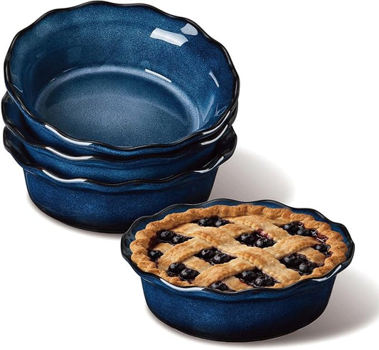 ONEMORE 6 Inch Ceramic Mini Pie Pans Set of 4, Deep Dish Pie Plates with Fluted Edges, Blue Gradient Small Baking Dishes for Pot Pies, Quiche, Tarts and Individual Desserts, Oven Safe by ONEMORECeramics