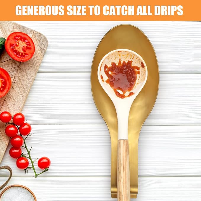 VanlonPro Stainless Steel Spoon Rest, Spatula Ladle Holder, Stainless Steel Utensil Spoon Rest Holder, Brushed Finish, Dishwasher Safe 9.8 x 3.7 Inch (Gold + Black, 2PCS) - Image 4