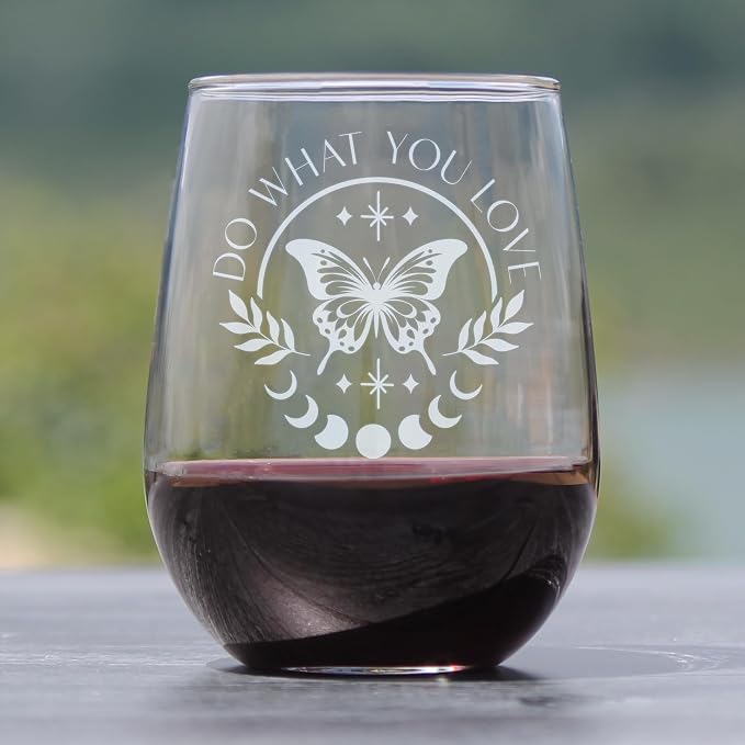 Do What You Love Butterfly 17oz Stemless Wine Glass, Hand Engraved Etched Aesthetic Boho Celestial Moon Inspirational Quote Glassware - Image 2