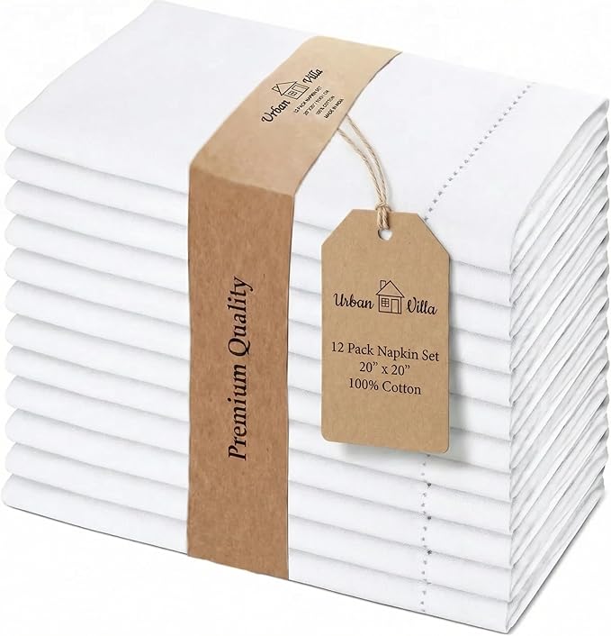 Urban Villa Hemstitch Cloth Dinner Napkins Cotton 20”x20” (Set of 12)-White by CottonTrends