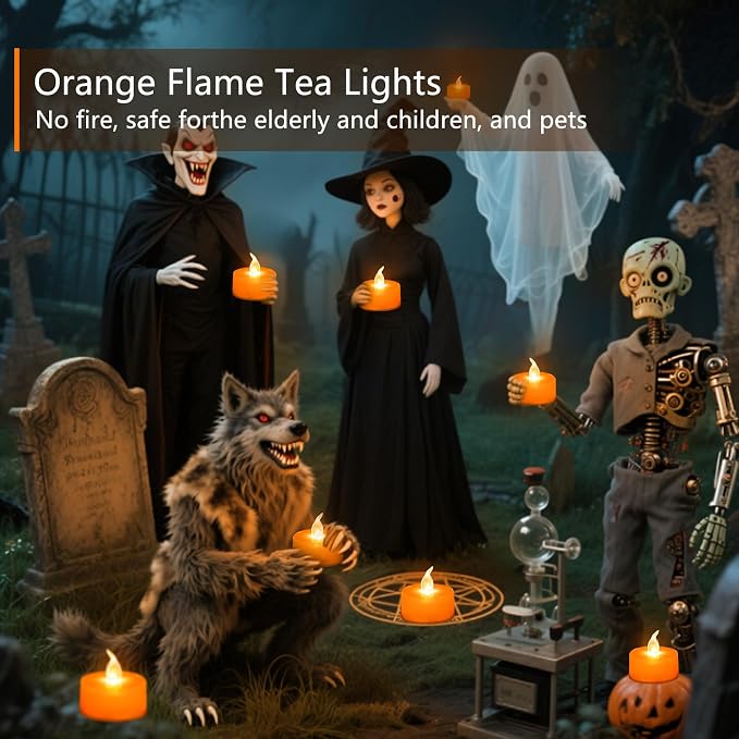 Tea Lights Battery Operated Candles LED Tea Lights Flameless Candles 200+ Hours Flickering Fake Tealights for Sweetest Day Wedding Home Decorations Party (Orange Base, 24 Pack) - Image 5