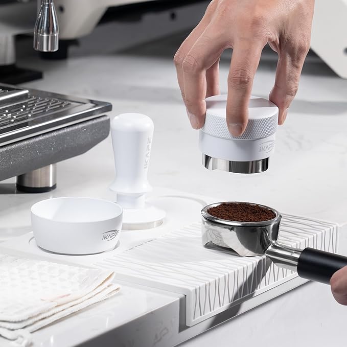 IKAPE 53MM Coffee Tamper Set White 6 IN 1, Espresso Tamper Kit, Espresso Accessories Kit with Tamper, Distributor, Magnetic Dosing Funnel, Silicone Mat, Bar Cleaning Towel