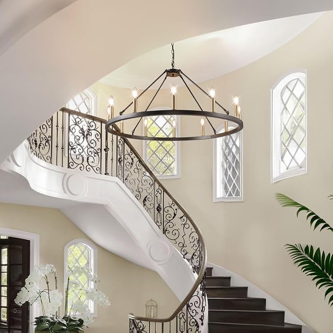 WJShome 37.5" Wagon Wheel Chandelier: The Ultimate Farmhouse Foyer Lighting Fixture - Gorgeous 12-Light Black and Gold Chandeliers to Enrich Your Dining Room! - Image 6