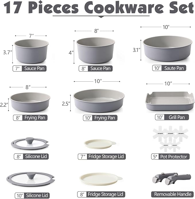 SENSARTE 17 Piece Ceramic Detachable Handle Pots and Pans Set Gray | Ceramic Cookware Set, Induction Cookware Set with Removable Handle, Healthy Non Stick for RV, Dishwasher ＆ Oven Safe - Image 2