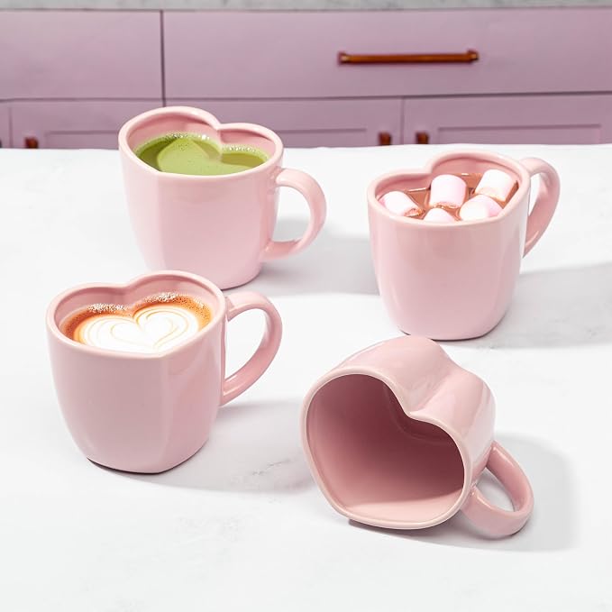 Paris Hilton Heart Shaped Ceramic Mug Set, Chic Stoneware Coffee Mugs for Coffee, Tea, Hot Cocoa, Microwave and Dishwasher Safe, 4-Piece, 14-Ounce, Pink - Image 2