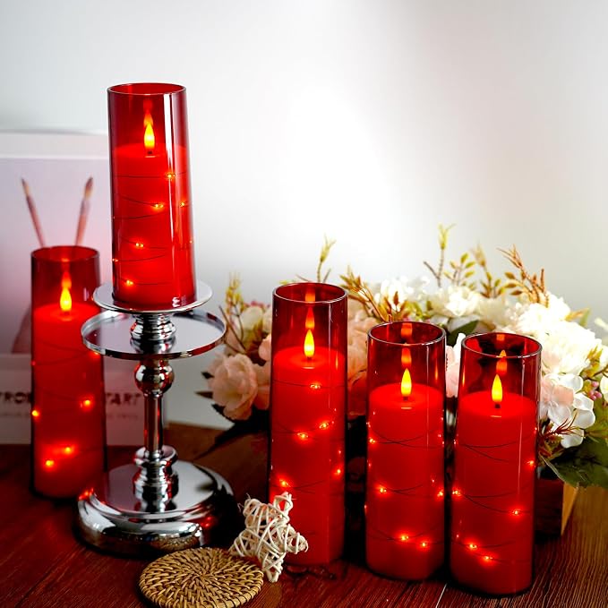 Flameless Candles,with Embedded Star String, Battery Operated Candles Flickering LED Pillar Candles with Remote Control and Timer, Home Decoration Add a Warm and Romantic Atmosphere，Set of 7 (Red) - Image 3