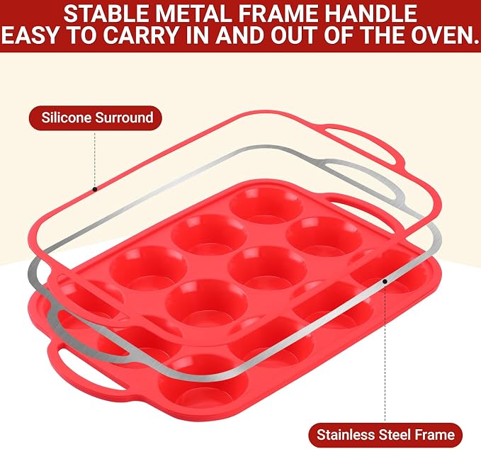 Redfly Silicone Muffin Pans for Baking 12 Cup with Metal Reinforced Frame, Nonstick 2Pack Regular Size Cupcake Pan, BPA Free Food Grade, Easy Release, Dishwasher Oven Freezer Safe for Egg Bite Molds - Image 3