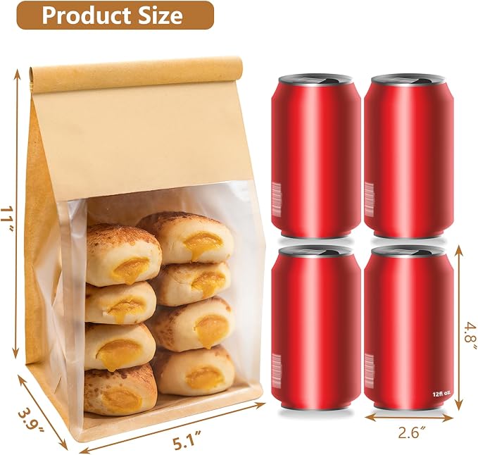 50 PCS Bread Bags for Homemade Breads, 11x5.1x3.9 Inch Resealable Cookie Bags with Tin Tie Tab Lock, Paper Bakery Bag with Window for Packaging Bagels, Muffin, Scone, Brownie, Baked Goods Storage - Image 2
