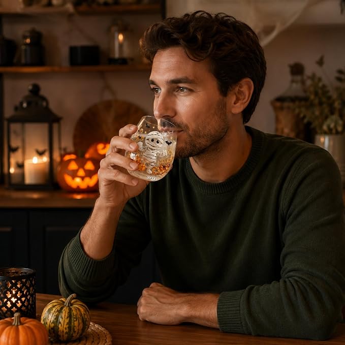 Halloween Themed 3D Inlay Glass Cup, Stemless Egg Shaped Clear Drinking Tumbler, Decorative Transparent Glassware for Home Bar, Farmhouse Halloween Party Table Decoration - Image 4