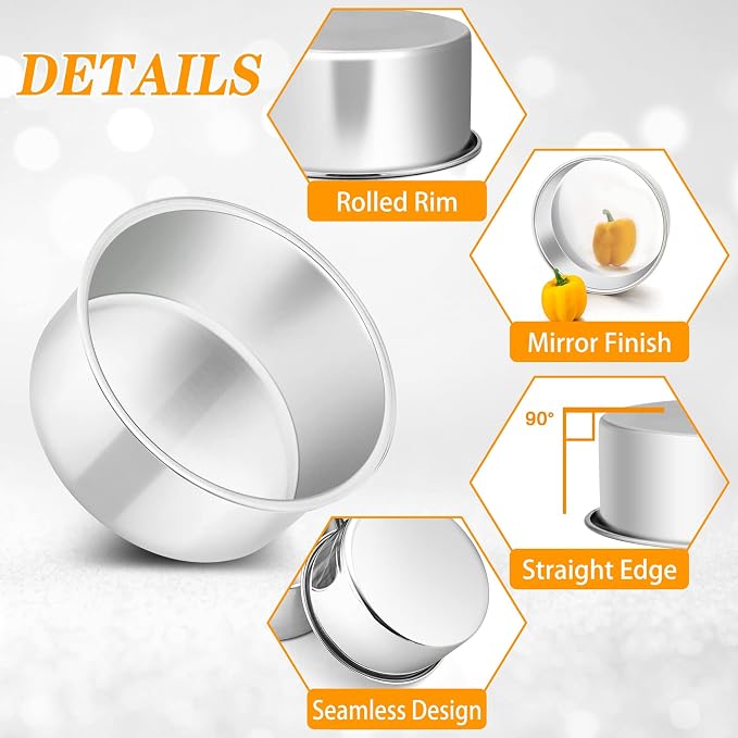 P&P CHEF 4 Inch Round Cake Pan Set of 3, Stainless Steel Baking Cake Pans | Round Baking Cake Pan Bakeware for Layer Birthday Cake, Fit Oven/Pots/Pressure Cooker, Leakproof & Dishwasher Safe, Silver - Image 3