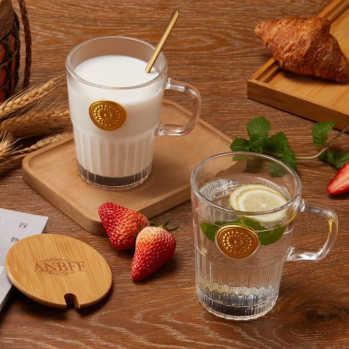 Vintage Glass Coffee Mugs Set of 2, 15oz Embossed Glass Coffee Cups with Bamboo Lids and Spoons, Handmade Tea Cups with Handle and Gift Box - for Cappuccino, Latte, Milk