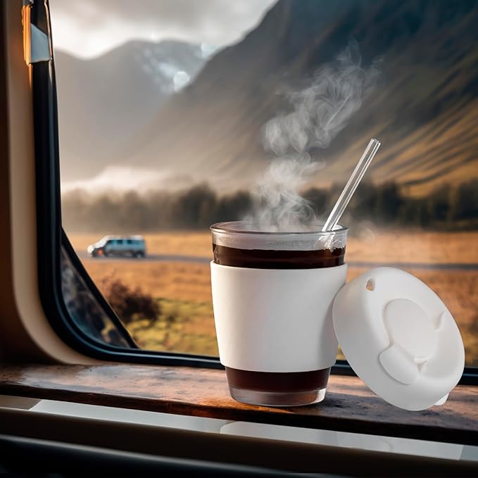 On The Go Coffee Mug Glass – 12oz Reusable Tumbler with Leak-Proof Lid & Silicone Sleeve, Ideal Travel Cup for Hot or Iced Coffee, BPA-Free