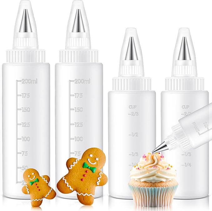 4 Pcs Plastic Squeeze Bottles for Cookie Icing Bottle Decorating Supplies Squeezing Applicator Writer for Food Coloring Frosting Pancake Arts (4 oz & 8 oz)