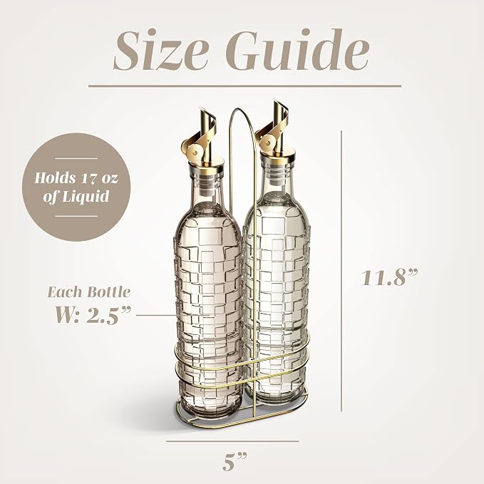 COOK WITH COLOR Glass Olive Oil Bottle Dispenser - 2 Pack- 17oz Oil and Vinegar Cruet - Olive Oil Carafe Decanter for Kitchen, Checkered, Brown - Image 5