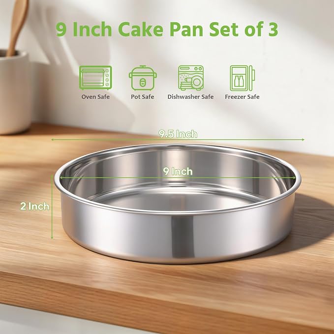 E-far 9 Inch Cake Pan Set of 3, Non-toxic Stainless Steel Round Cake Tins | Ideal for Birthday Wedding Layer Cake, Healthy, Mirror Finish, Dishwasher Safe - Image 2
