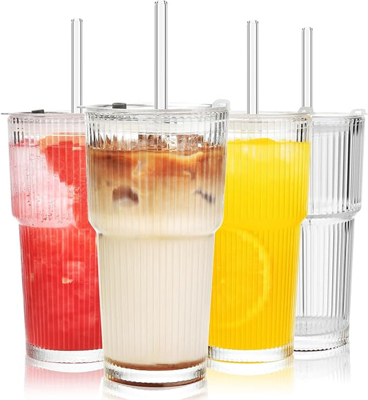Haundry 20 oz Ribbed Glass Tumbler with Lids and Straws, 4 Pack Iced Coffee Cups, Thickened Glassware Set, Ripple Design Glass Cups for Coffee, Soda, Smoothies, Cocktails and Juice