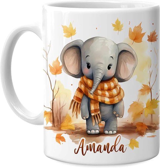 Hyturtle Personalized Fall Elephant Maple Leaves Coffee Mug, Autumn Décor | Birthday Gifts For Elephant Lovers - Fall Gifts For Farmhouse Thanksgiving - Custom Name 11oz White Ceramic Coffee Tea Mug by Hyturtle